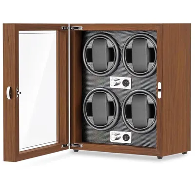Productafbeelding van Olvy horlogewinder voor 4 horloges, met LED-verlichting, horlogewindervak van hout, met een extreem stille Mabuchi-motor, flexibele horlogebakken, horlogewinder