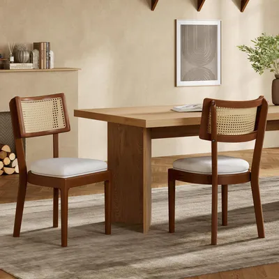 Image de Flieks Rattan Chaise de salle à manger Chaise de cuisine 2 pièces, Chaise de salon en rotin avec coussin en lin, 50x58x88cm, couleur noyer