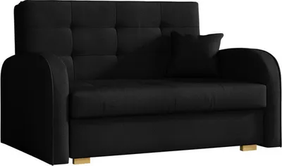 A black sofa with a single pillow on it, shown from the front.