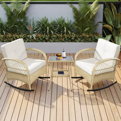 Produktbild von 3-teilig PE-Rattan Schaukelstuhl Lounge-Set Balkonset 2 Personen inkl. Glastisch 160kg Tragkraft Grau/beige