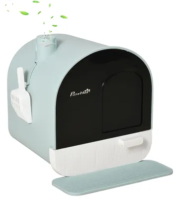 Productafbeelding van Kattenbak met deksel, schepje, kattenbakmat, groen, 43 x 44 x 47 cm