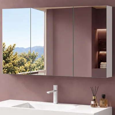 Produktbild von doporro Spiegelschrank Wandspiegel mit Spiegeltüren Wandschrank 120x15x70cm Hängeschrank für Badezimmer Weiß matt Spiegelschrank02