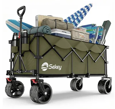 Image de Chariot de courses pliable XXXL, capacité 300 litres, charge maximale 200 kg, avec roues tout-terrain extra larges (17x10 cm), chariot de transport, breveté, montage rapide en 4 étapes, couleur olive