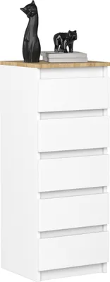 Immagine prodotto di VBChome Comò con 5 cassetti 40 x 39 x 105 cm Bianco con rovere Comò senza maniglie Armadio multiuso per corridoio Camera da letto Soggiorno