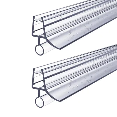 Two clear plastic shower door seals with water droplets on them, shown against a white background.