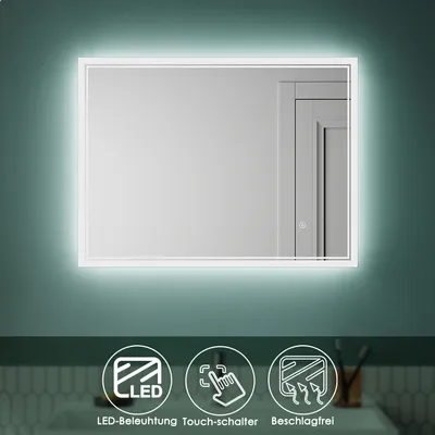 A lit LED bathroom mirror is shown with icons and text below describing its features.