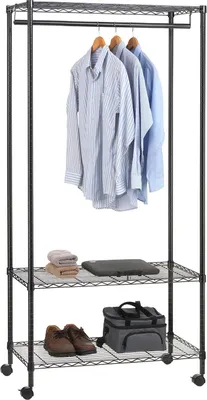 Produktbild von Garderobenwagen BRINDISI, 3 Ablageflächen & Kleiderstange - mobiler, Kleiderständer auf Rollen [150kg Traglast], Rollgarderobe, schwarz