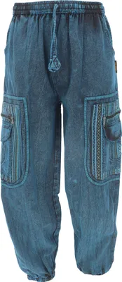 Image de Pantalon de yoga, unie coton Goa pantalon avec des détails élaborés - bleu, hommes, coton, taille : S
