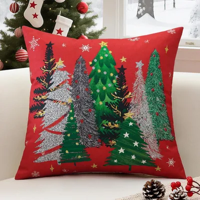 Produktbild von Weihnachten Kissenbezug Dekorative Zierkissenhülle Weihnachtsbäume Schneeflocken Rot 45x45 cm 1 Stück