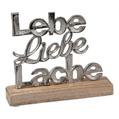 Produktbild von formano Schriftzug Lebe Liebe Lache Aluminium Mangoholz 24 cm Tischdeko Silber