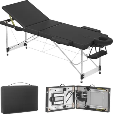 Image de YARDIN table de massage en aluminium pliable et réglable en hauteur avec 3 zones, capacité de charge 230 kg, rembourrage en mousse de 8,5 cm, sac de transport inclus, appui-tête et accoudoirs latéraux (noir)