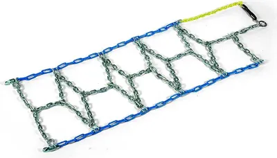 A snow chain for tires, laid out on a white background.
