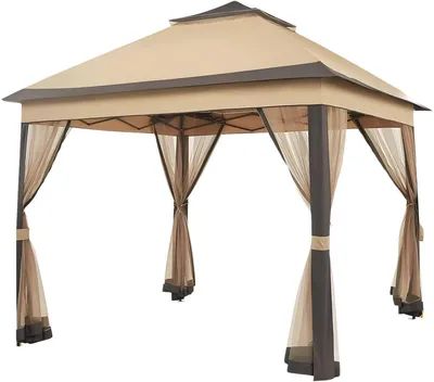 Produktbild von Faltpavillon 3,3x3,3 m Gartenpavillon Pop-Up UV-Schutz Wasserdicht mit Moskitonetzen & Doppeldach – Khaki/Braun