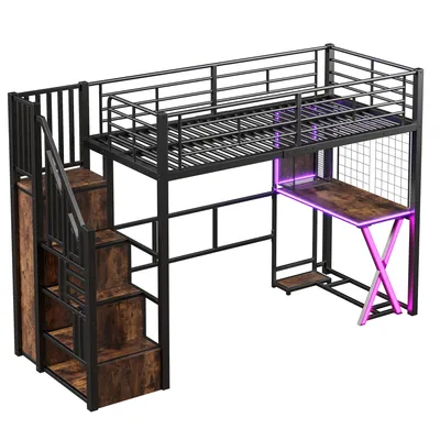 Produktbild von Flieks Etagenbett 90x200cm mit Schreibtisch und LED, Hochbett Jugendbett mit Kleiderstange und Staufach, Kinderbett Einzelbett Stockbett, Schwarz
