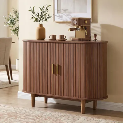 Produktbild von VASAGLE Sideboard mit Schiebetüren und Abgerundeten Ecken, Verstellbare Einlegeböden, 100 x 40 x 75 cm, Braun