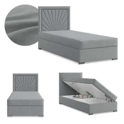 Produktbild von Boxspringbett mit Bettkasten, Einzelbett 90x200, Polsterbett mit Kopfteil, mit Bonell Matratze, Jugendbett, Kinderbett, Geflecht, VICENZA Hellgrau