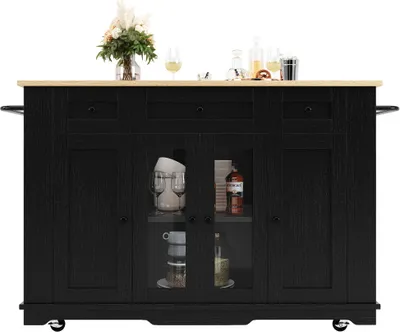 Produktbild von Kuecheninsel 151.5 x 85 x 91.7 cm (L x B x H) Schwarzabnehmbare Trennwaende Kuechenschrank Esszimmerwagen Arbeitsplatte Buffetschrank Esszimmerwagen