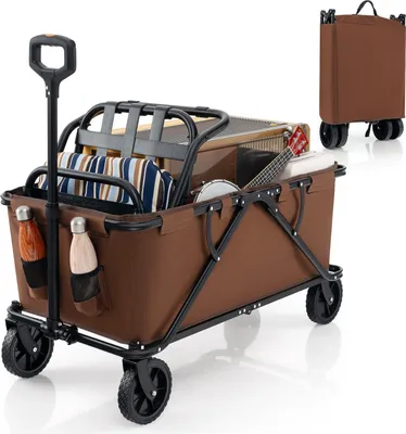 Produktbild von GOPLUS Bollerwagen faltbar, Handwagen mit 360° drehbaren Rädern, verstellbarem Griff & Getränkehaltern, 170L/100kg Strandwagen
