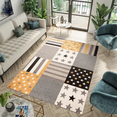 Produktbild von Teppich Wohnzimmer Schlafzimmer Kurzflor Modern Design Mehrfarbig Grau Gelb Orange Creme Patchwork Meliert Streifen Kinderzimmer 180 x 260 cm