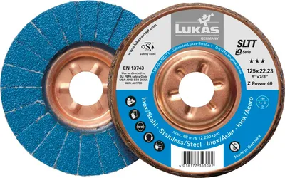 Produktbild von LUKAS-ERZETT LUKAS Fächerschleifscheibe SLTT universal Ø 125 mm Zirkonkorund (mit schleifaktiver Deckbindung) Korn 40, flach