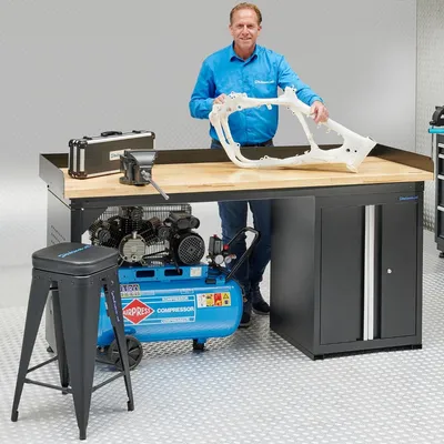 Produktbild von Werkbank 200 cm mit Schrank, Türen und Bambus-Arbeitsplatte
