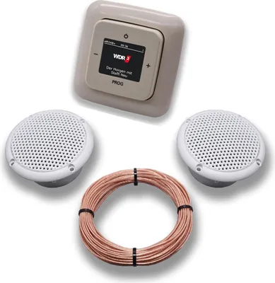 Produktbild von Busch Jäger DAB+ (DAB PLUS) Unterputz Radio 8215U-101 DURO2000 cremeweiß, Komplett-Set mit 2 x Decken Feuchtraumlautsprecher/Badezimmer + 20 m Lautsprecherkabel 2x0,75 mm2 8215 U - 101