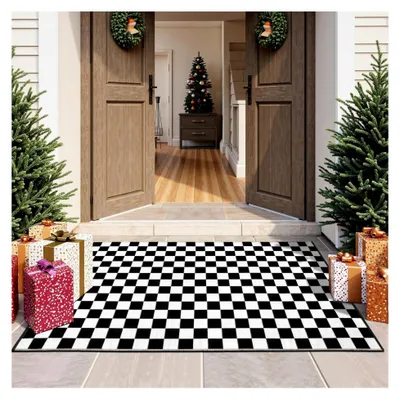 Produktbild von Karierter Teppich, 90x150 cm, marokkanisches Schachbrettmuster, schwarz und weiß, gewebt, wendbar, für Schlafzimmer, Küche, Wohnzimmer, Eingangsbereich, Heimbüro