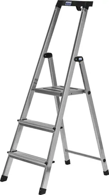 A silver folding ladder with black accents.