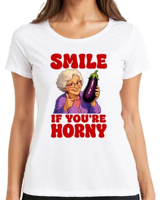 Immagine prodotto di Maglietta da donna, taglia XL, colore bianco, con scritta "Sorridi se sei eccitata", design divertente, sarcastico, con immagine di un melanzana