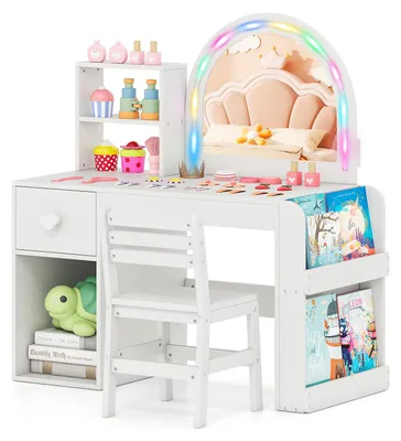 Produktbild von KOMFOTTEU Kinder Schminktisch und Stuhl Set, Frisiertisch mit beleuchtetem Spiegel, offene Ablage & 2-stufiges Bücherregal, Kosmetiktisch mit bequemer Stuhl, Prinzessin Frisierkommode für Kinder ab 3 Jahren