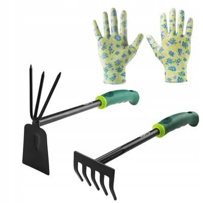 Produktbild von VERTO Gartengeräte-Set 2 TLG. mit Gartenhandschuhen| Kombihacke 34 cm + Handrechen 34 cm + Florale Gartenhandschuhen