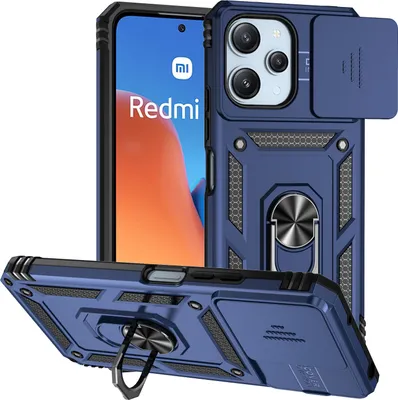 Produktbild von Pouzdro pro Xiaomi Poco M6 Pro 5G/Redmi 12/Redmi 12 5G dvouvrstvé pouzdro s posuvným krytem kamery a prstencovým stojánkem modré