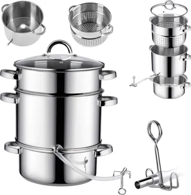 A collage of stainless steel kitchen appliances, including a large multi-tier steamer pot and smaller components.