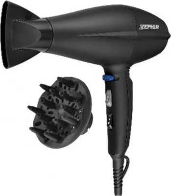 Produktbild von Zephir Profi-Haartrockner ZHB2002, 2200 W, Wechselstrommotor, 2 Geschwindigkeitsstufen, 3 Temperaturstufen, mit Konzentratoraufsatz und Diffusor, schwarz