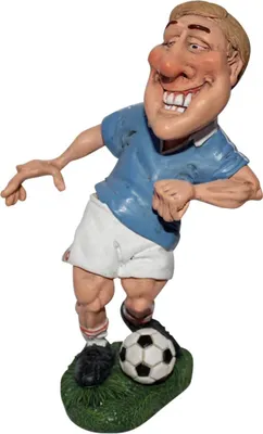 A caricature figurine of a soccer player in a blue and white uniform, kicking a soccer ball.
