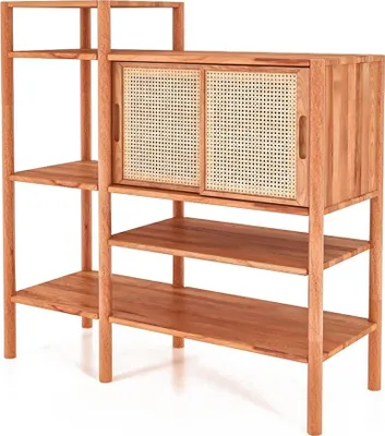 Produktbild von Bücherregal Zola Kernbuche massiv und Rattan 120x123 cm 2 Schiebetüren 5 Fächer