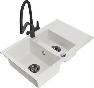 Produktbild von Mexen Gaspar 1,5-Becken-Granitspüle mit Abtropffläche und Mischbatterie Duo, Weiß - 6507-20-671701-70-B