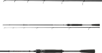 Three fishing rods are shown against a white background.