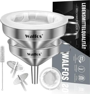 Zdjęcie produktu dla Zestaw lejków ze stali nierdzewnej Walfos z filtrem 200 mesh, 2 wyjmowanymi sitkami i szczoteczką do czyszczenia