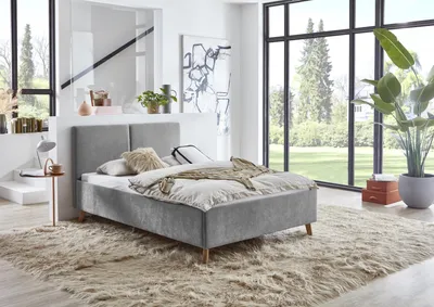 Produktbild von Meise Möbel Polsterbett Piano 140x200 cm | Doppelbett | Bettgestell | Kopfteil mit tiefem Einzug | Strukturstoff Grau | Holzfuß eichefarbig