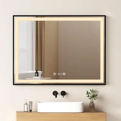 Image de EMKE Miroir de salle de bain LED Miroir de salle de bain 80x60cm Miroir lumineux avec cadre noir Interrupteur tactile, antibuée et fonction horloge