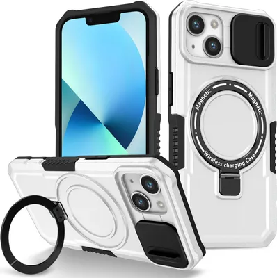 Produktbild von Handyhülle für iPhone 13 Kompatibel mit MagSafe, Robuste Hülle mit Schiebe Kamera Schutz, Magnetischer Ringständer Weiß