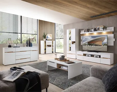 Produktbild von Wohnzimmer Set mit Couchtisch und LED-Beleuchtung, weiß supermatt mit Eiche, 6-teilig - MANRESA-36