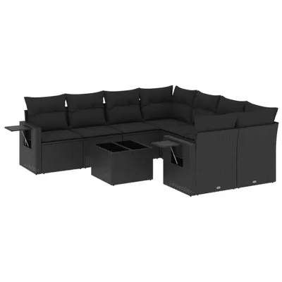 Image de vidaXL Ensemble de salon de jardin 9 pièces avec coussins noir poly rotin