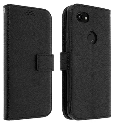 A black flip-cover for a Google Pixel 3A phone, shown from two angles.