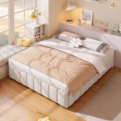 Produktbild von STILVORA Polsterbett 140x200cm mit hydraulischem Stauraum, Bettgestell ohne Kopfteil, Funktionsbett ohne Matratze, Doppelbett Beige (ohne Matratze)