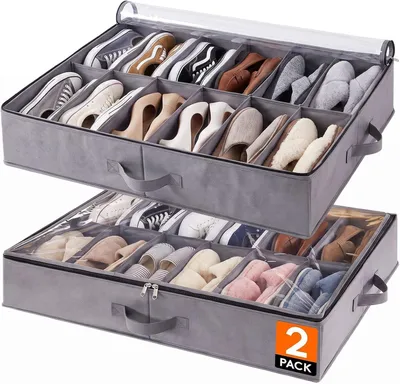 Obrázek produktu pro Úložné boxy pod postel – sada 2 kusů – látkové boxy na boty s průhledným víkem – šedé