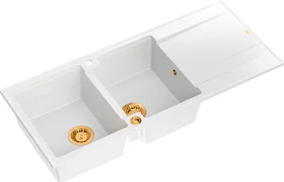 Produktbild von QUADRON Spülbecken 2-Becken Spüle | Größe: 116 x 50 x 21 cm | EVAN 121 | Küchenspüle Granitspüle aus GraniteQ mit Siphon | Weiß & Kupfer