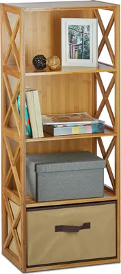 Produktbild von 2 x Regal Bambus mit Korb, 4 Ablagen, Holz Standregal, Badregal, Faltbox, HxBxT: 105 x 42 x 29 cm, natur braun