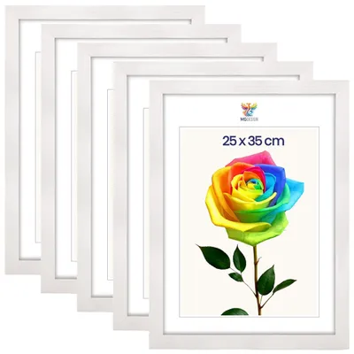 Produktbild von MG Design 5er Set Bilderrahmen 25 x 35 cm - Fotorahmen mit Weiß Echtholzrahmen und bruchsicherem Acrylglas, Hoch & Quer zum Aufhängen, zum Aufstellen